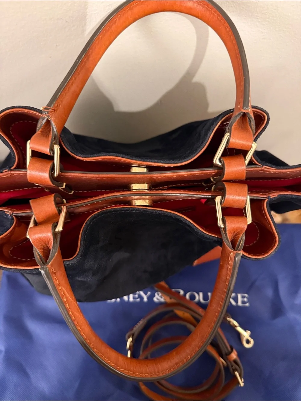 Dooney & Bourke Black Suede Satchel with Brown Leather Trim